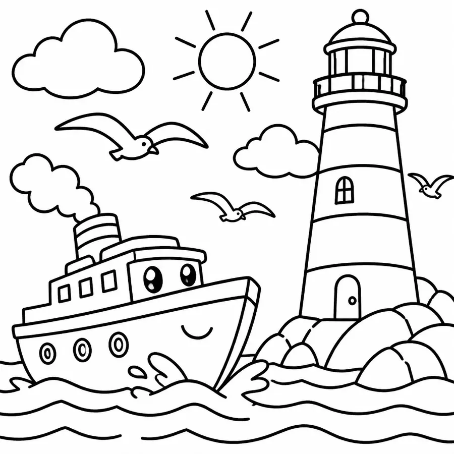 Ausmalbild Leuchtturm mit Schiff