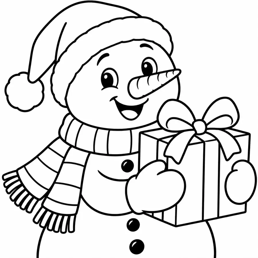 Ausmalbild Schneemann mit Geschenk