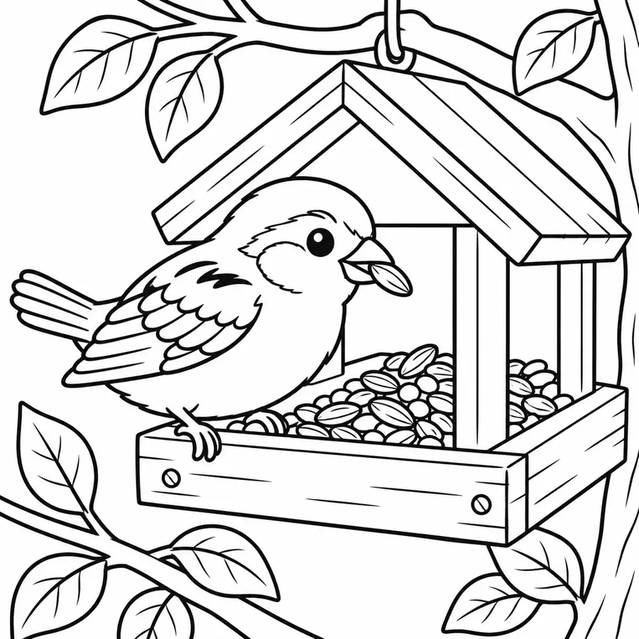Ausmalbild Spatz am Futterhaus